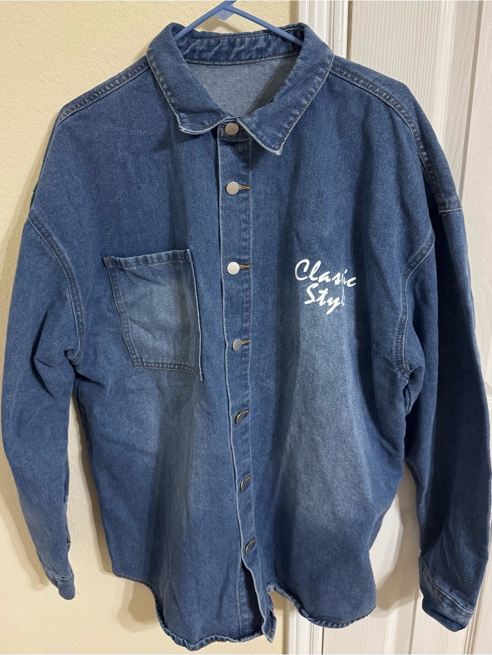 Denim Button-Up Shirt Jacket with "Classic Style" Script